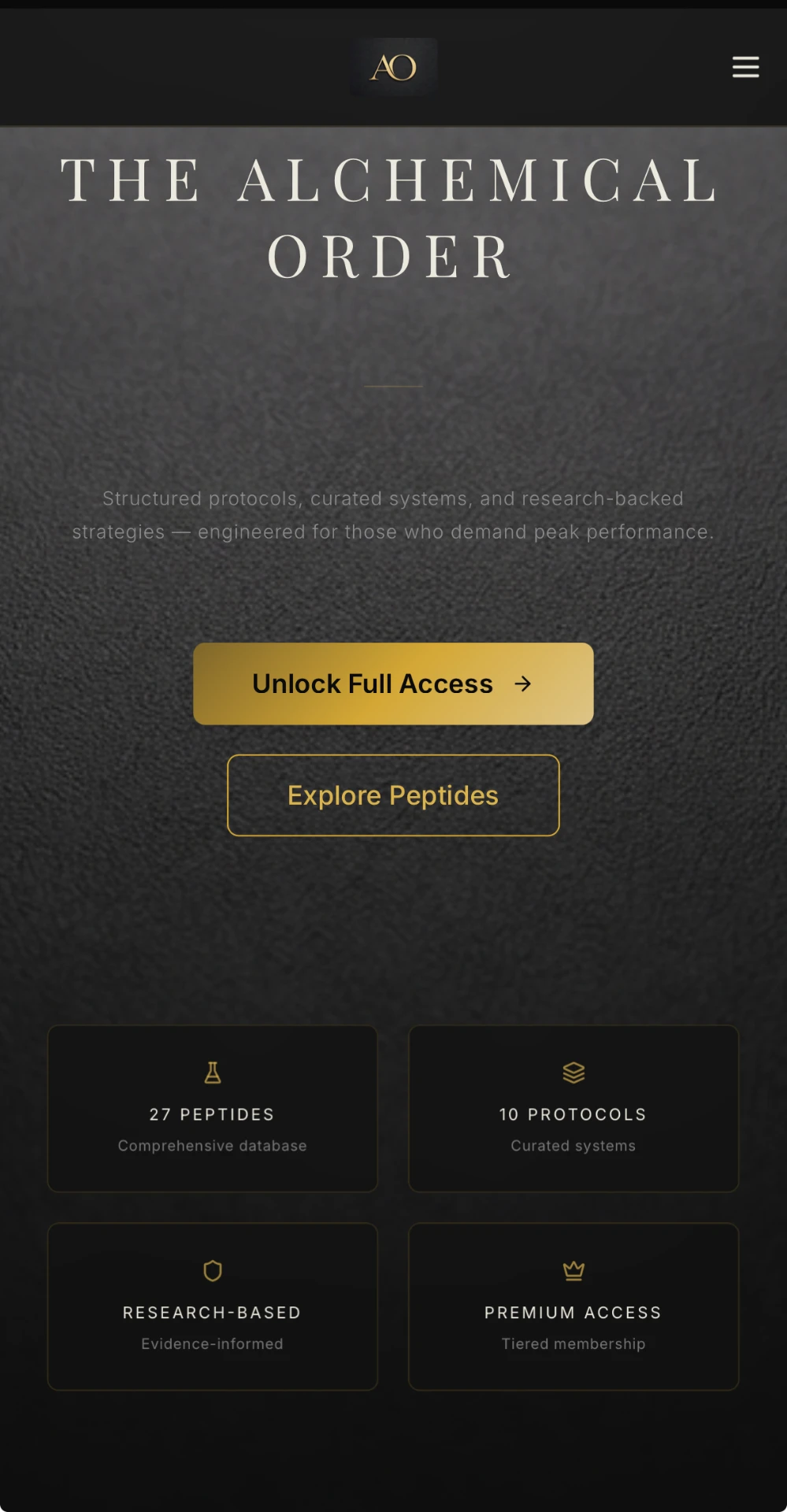 The Alchemical Order landing screen in black and gold