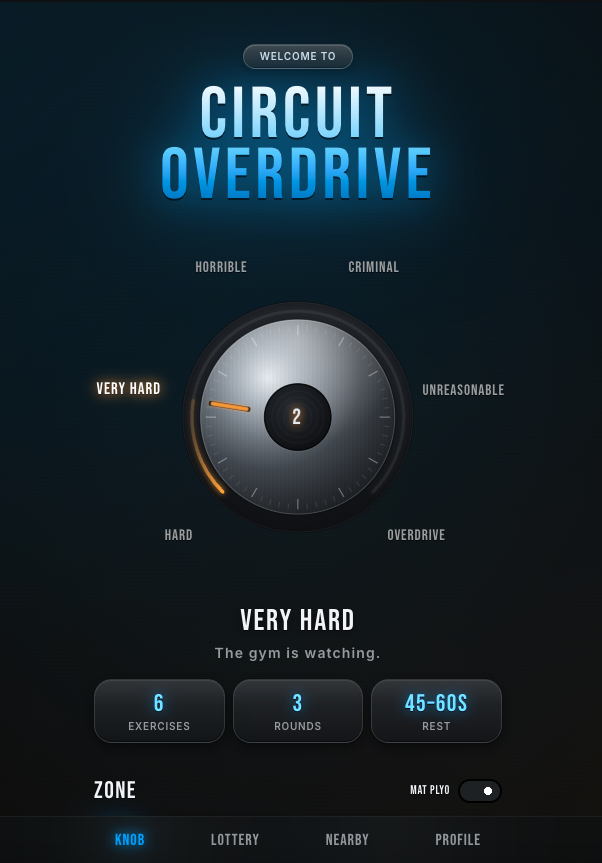 Circuit Overdrive app screen showing the workout intensity dial