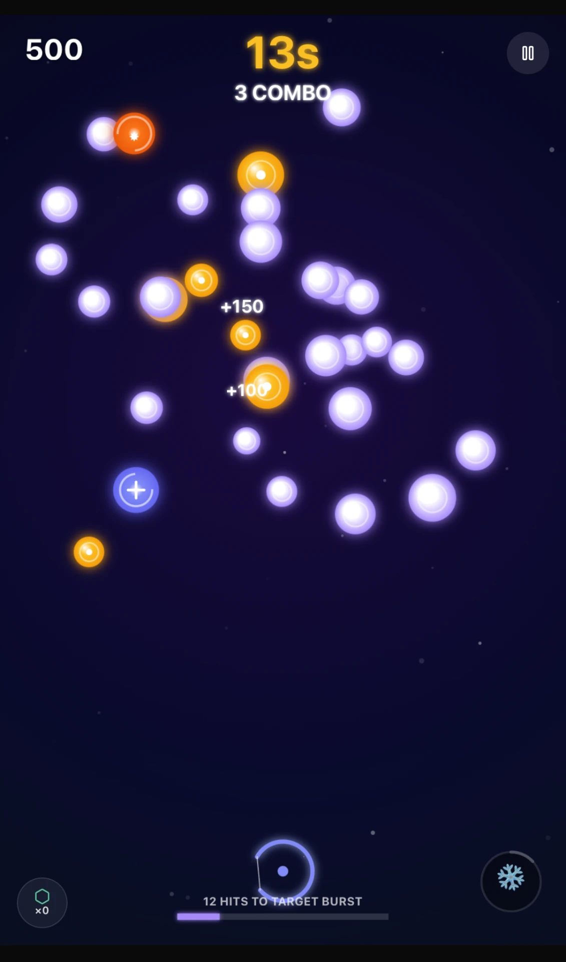 Arcane gameplay screen with glowing orbs and a combo counter